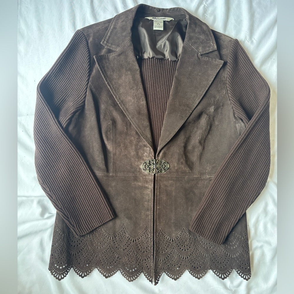 Nygard Collection Petites Faux Suede Knit Jacket Laser Cut Trim Brown L 14 16